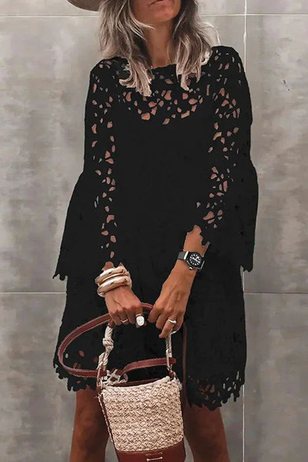 Floral Crochet Lace Bell Sleeve Scalloped Hem Mini Dress