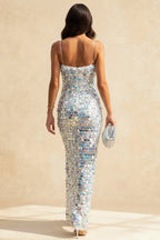 Square Neck Spaghetti Strap Ombre Disc Sequin Bodycon Midi Dress
