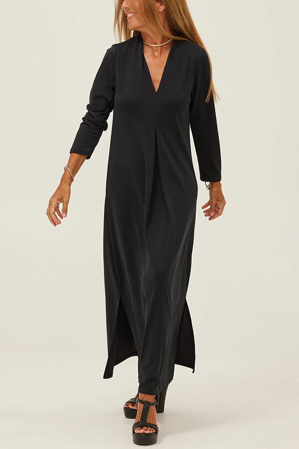 V-Neck Three Quarter Sleeve Relaxed Side Slit Maxi Dress