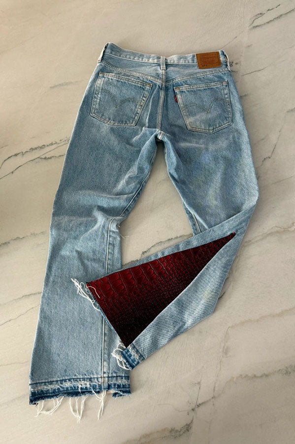 Stylish Attitude Denim Mid Rise Distressed Red Croc Hem Pocket Flare Jeans