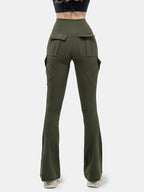 Solid Multi Pocket High Rise Flare Leg Pants