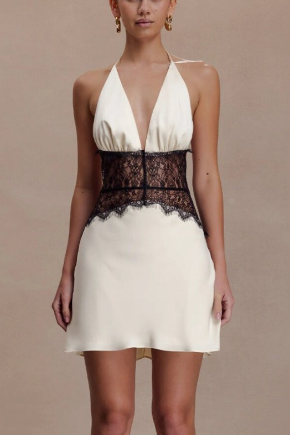 Halter Neck Deep V-Neck Lace Panel Satin Mini Dress