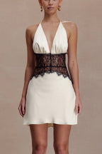 Halter Neck Deep V-Neck Lace Panel Satin Mini Dress