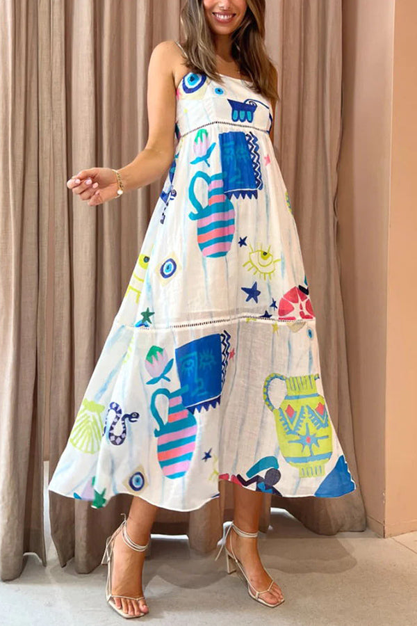 Graphic Print Spaghetti Strap Tiered Eyelet Trim Midi Dress