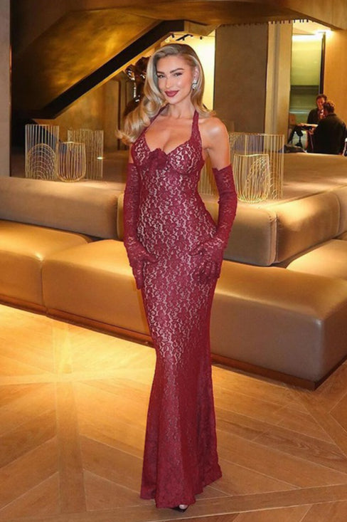 Lace Halter Neck Deep V Neck Rosette Bust Mermaid Maxi Gown
