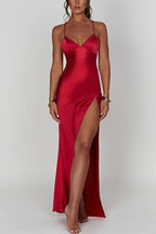 Satin Deep V-Neck Spaghetti Strap High Slit Column Maxi Dress