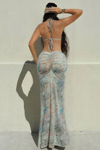 Halter Bow Front Ruched Waist Marble Print Maxi Skirt Two Piece Set