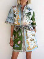 Nautical Print Shirt Collar Bishop Sleeve Tie Waist Button Mini Dress