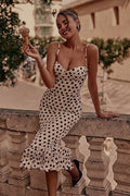 White Spaghetti Strap Sweetheart Neck Polka Dot Ruffle Hem Midi Dress