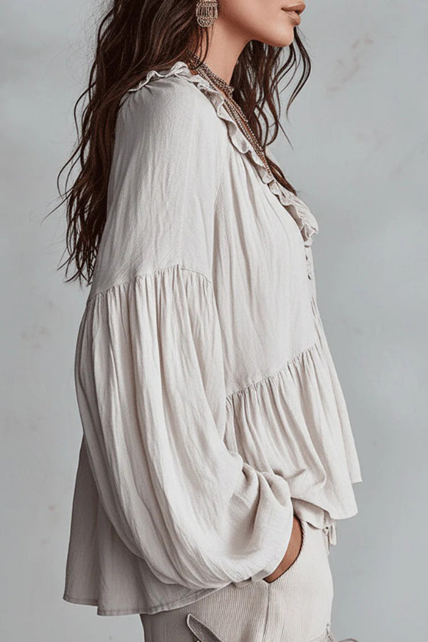 Solid Color V-neck Ruffled Puff Sleeve Loose Casual Top