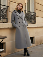 Hooded Double-Breasted Long Woolen Coat With Cuff Tabs For Women 2026