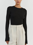 Solid Ribbed Crew Neck Long Sleeve Knit
