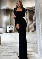 Square Neck Long Sleeve Bodycon Maxi Dress