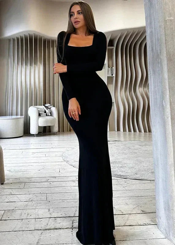 Square Neck Long Sleeve Bodycon Maxi Dress