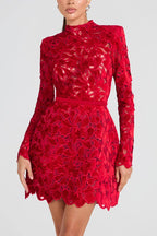 Burnout Velvet Floral Lace Mock Neck Long Sleeve Bodycon Mini Dress