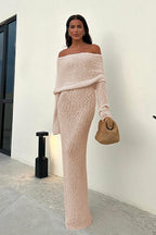 Knit Off Shoulder Long Sleeve Foldover Collar Bodycon Maxi Sweater Dress