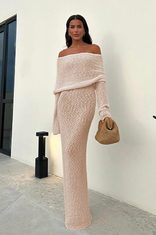Knit Off Shoulder Long Sleeve Foldover Collar Bodycon Maxi Sweater Dress