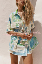 Pierre Linen Blend Ric Rac Trims Unique Print Short Sleeve Shirt and Wrap Tie-up Mini Skirt Set