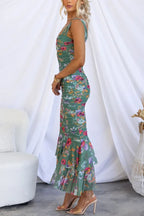 Floral Print Ruched Sweetheart Cut Out Asymmetric Ruffle Hem Midi Dress