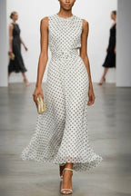 Polka Dot Print Round Neck Sleeveless Pleated Waist Casual Maxi Dress
