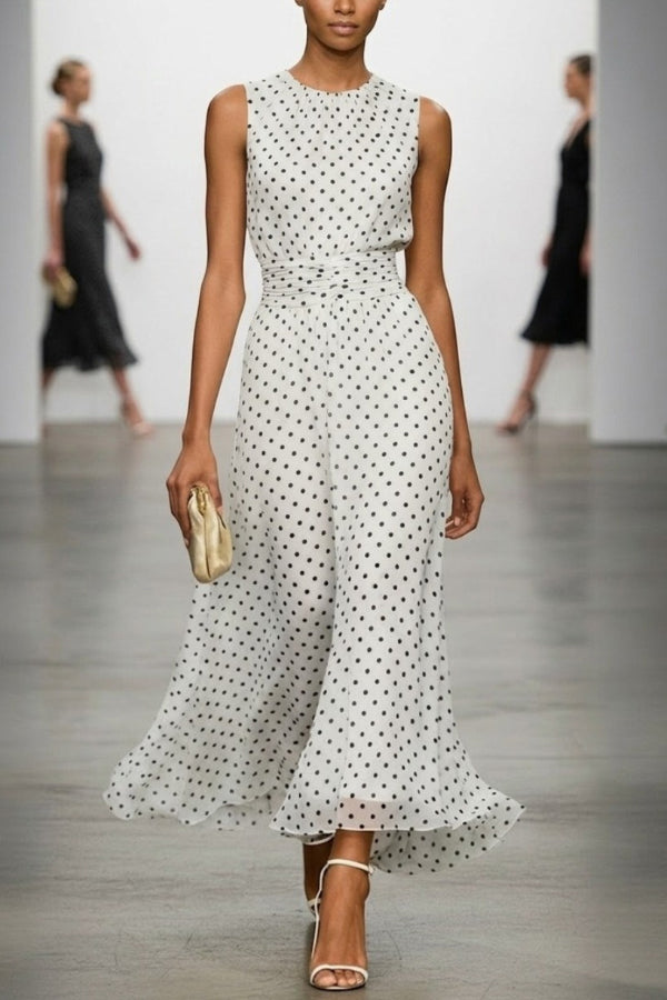 Polka Dot Print Round Neck Sleeveless Pleated Waist Casual Maxi Dress