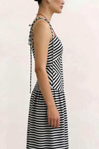 Striped Print V-neck Sleeveless Casual Vacation Maxi Dress