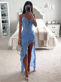High Low Ruffle Maxi Slip Dress for Wedding Guest - Light Sky Blue V Neck Layered Women Sexy Cocktail Gown - Summer Vacation 2026