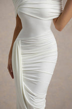 Mock Neck Ruched Crossover Shoulder Wrap Bodycon Midi Dress