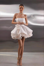 Elegant Satin Bandeau Flower Ball Gown Reception Dress