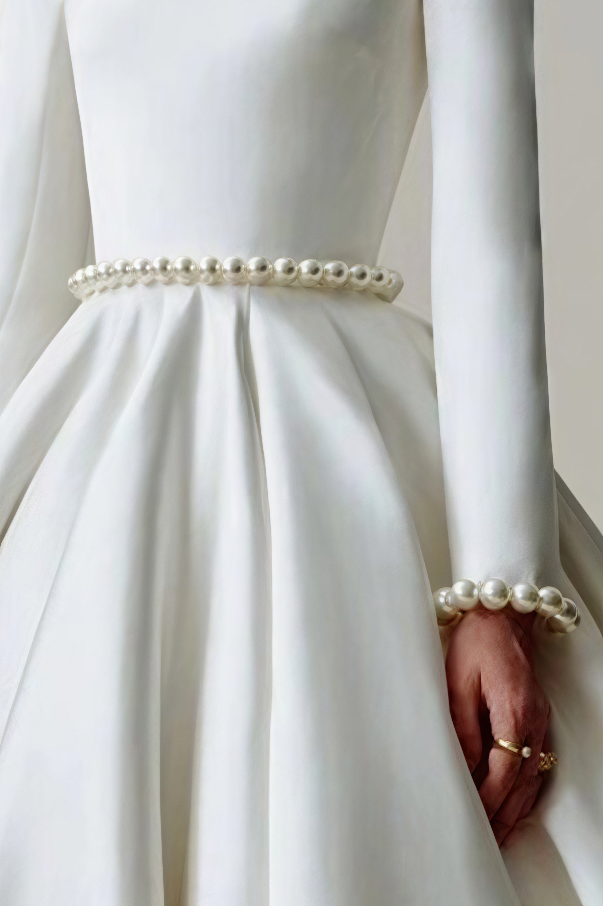 Vintage Satin Pearl Long Sleeve Off Shoulder Wedding Dress