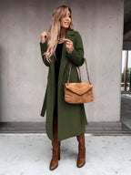 Solid Color Lapel Long Sleeve Woolen Simple Tie Coats