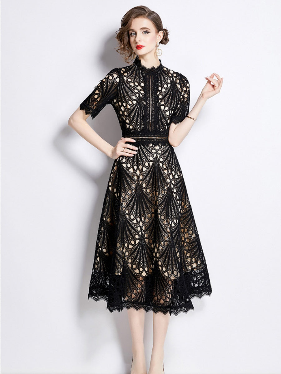 Crocheted Embroidered Lace Midi Dress