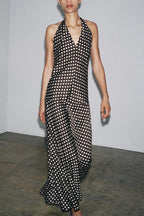 Brown Polka Dot Halter Neck Maxi Dress