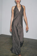 Polka Dot Halter Neck Deep V-Neck Maxi Dress