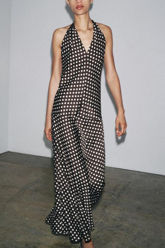 Polka Dot Halter Neck Deep V-Neck Maxi Dress