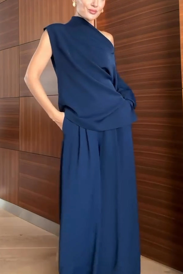 Cleo One Shoulder Irregular Balloon Sleeve Top and High Rise Pleated Button Waist Pocket Loose Pants Set