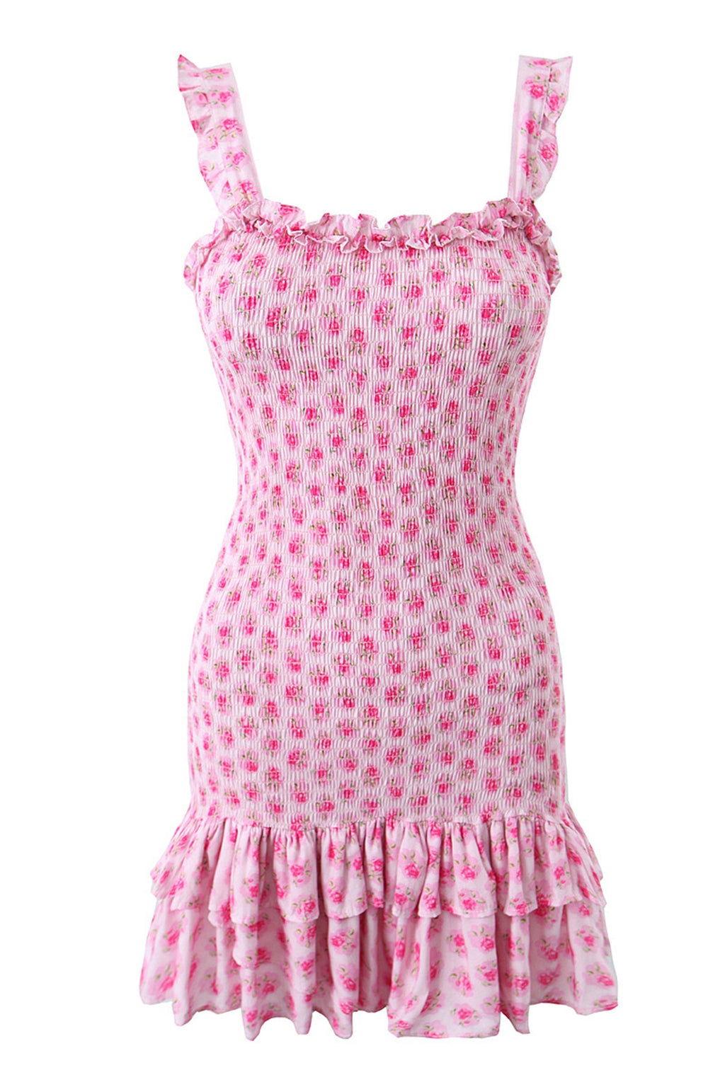 Smocked Square Neck Ruffle Trim Wide Strap Tiered Ditsy Floral Mini Dress