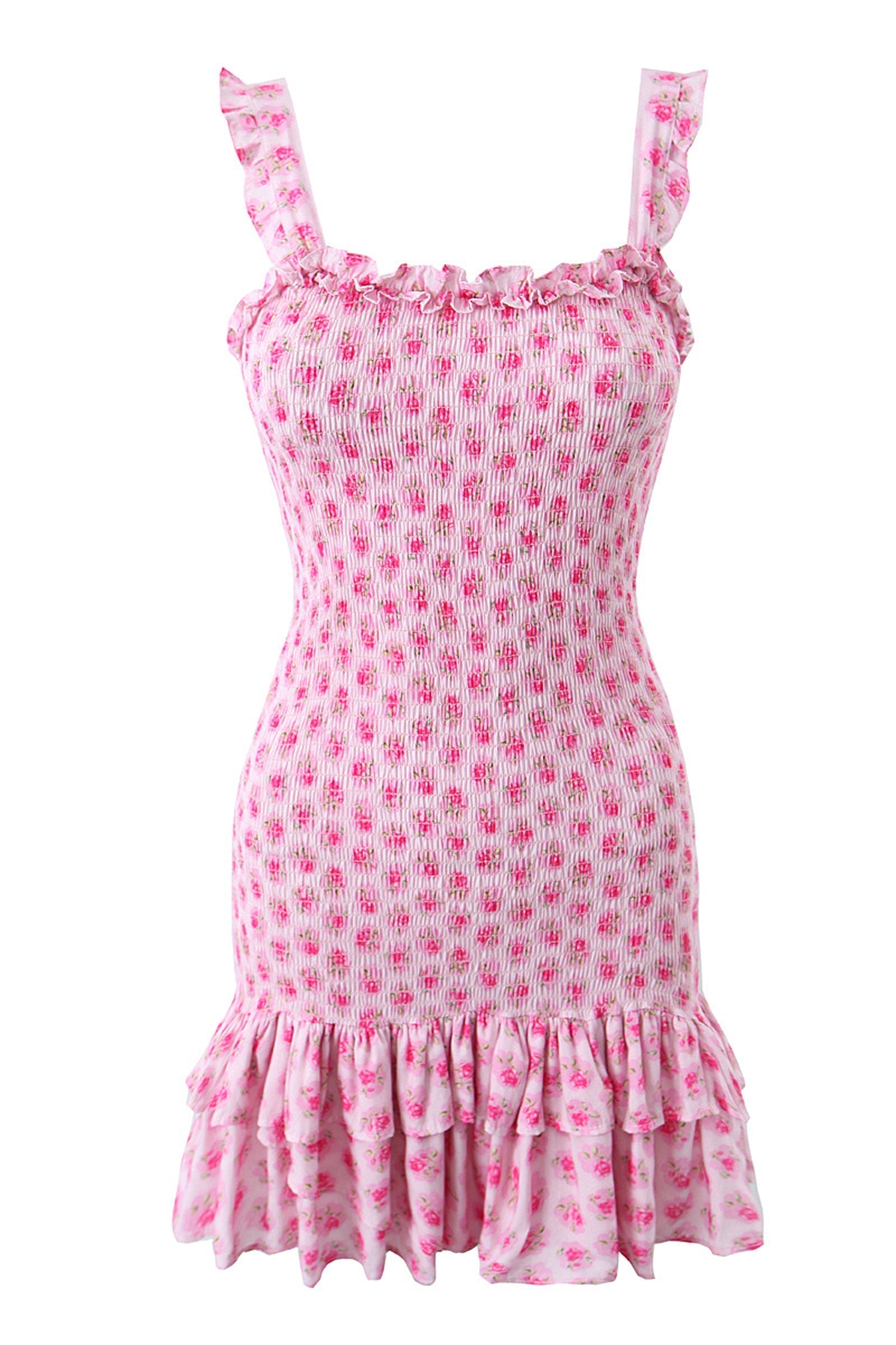 Smocked Square Neck Ruffle Trim Wide Strap Tiered Ditsy Floral Mini Dress