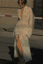 Floral Lace Deep V-Neck Lace Up Bell Sleeve High Split Maxi Dress