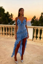 Spaghetti Strap V-Neck Cascading Tiered Ruffle High Low Hem Mini Dress