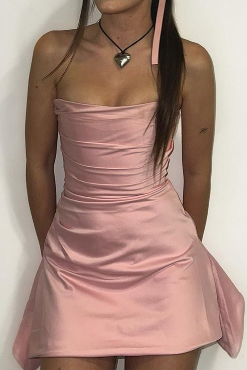 Strapless Cowl Neck All Over Ruched Satin Bodycon Mini Dress