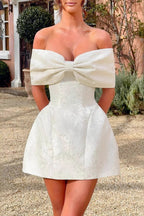 Jacquard Off Shoulder Bow Bustier Fit and Flare Mini Dress