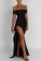 Off Shoulder Ruched Bodycon High Split Maxi Dress