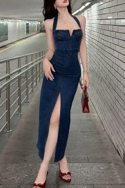 Denim Halter Neck Corset Bustier High Split Bodycon Maxi Dress