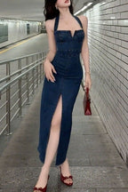 Denim Halter Neck Corset Bustier High Split Bodycon Maxi Dress