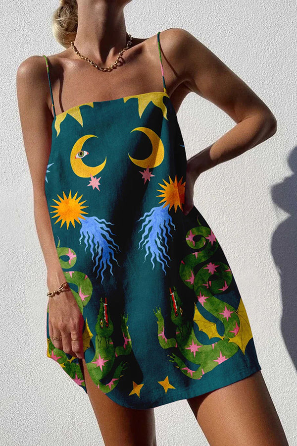 Celestial Print Spaghetti Strap Square Neck Slip Mini Dress
