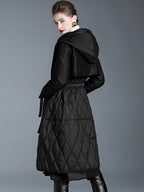 Black Down Coat Hooded Belted Long Winter Outerwear For Women