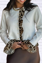 Leopard Trim Ruffle Cardigan _ Buttoned Contrast Ruffle & Chic Stretch Fit