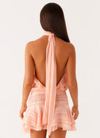 Striped Chiffon Halter Neck Smocked Waist Tiered Ruffle Hem Mini Dress