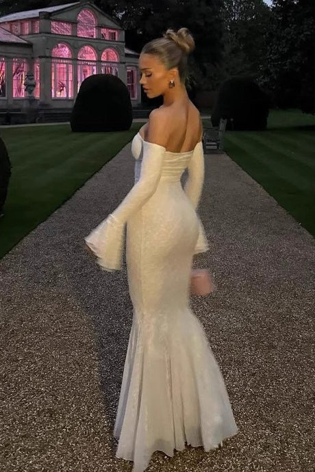 Strapless Lace Sweetheart Bell Sleeve Mermaid Maxi Gown